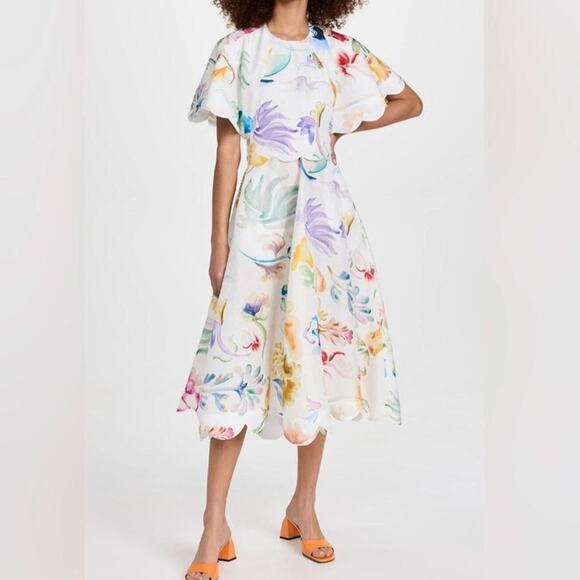 Rosie Assoulin Scalloped Buttercup Cutout Linen Blend Floral Midi Dress • Size 4